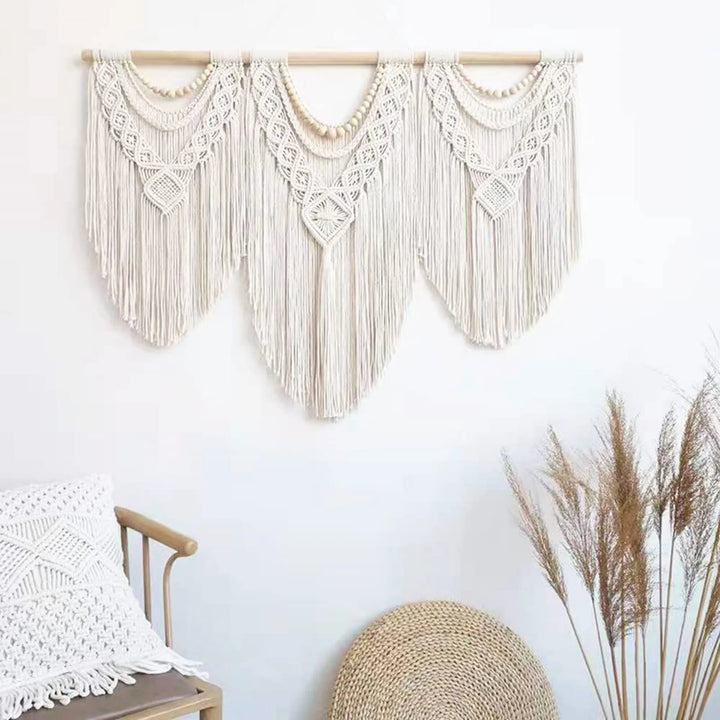 Rynx | Large Macrame Wall Tapestry Handcrafted Cotton Rope Tassel Pendant Wall Hanging Rug with Wooden Stick Handwoven Bohemia Tassel