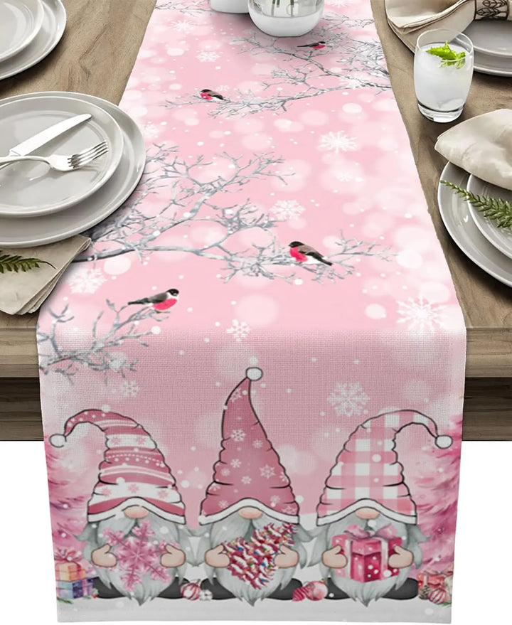 Lisslune | SnowGnome Christmas Table Runner – Luxe Linen Table Runner with Snowflake and Gnome Design
