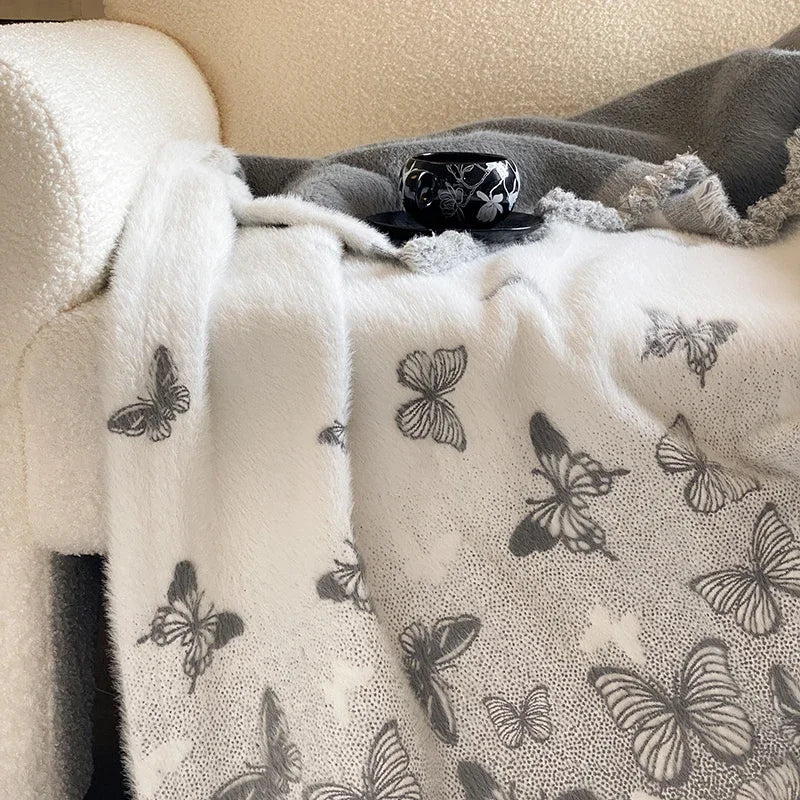 Rynx High-Quality Autumn Winter Warm Throws for Sofa Butterfly Jacquard Artificial Mink Fur Warm Blanket High-Quality Scarf Blanket