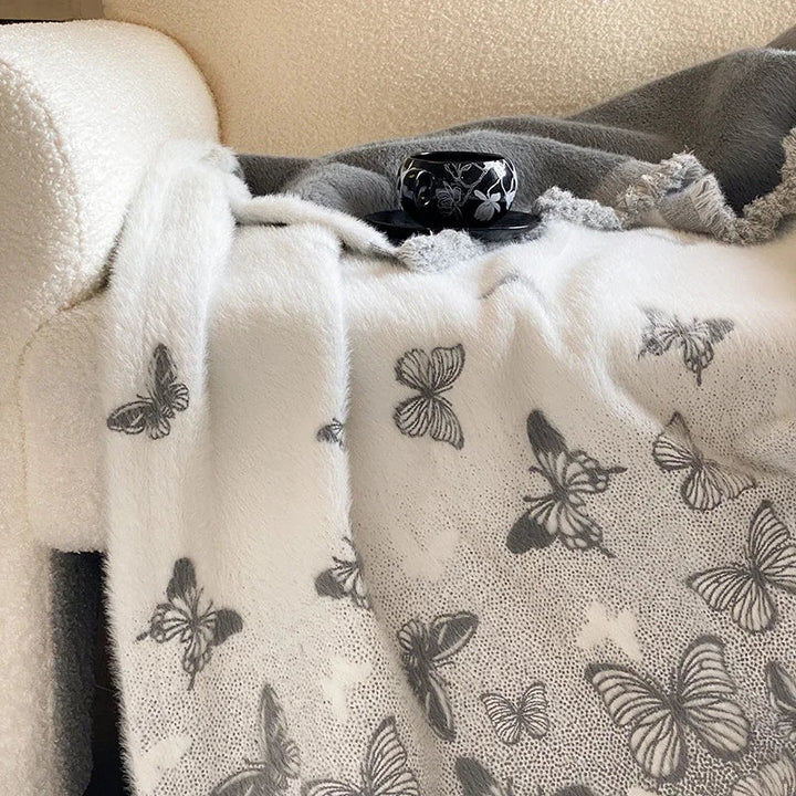 Rynx High-Quality Autumn Winter Warm Throws for Sofa Butterfly Jacquard Artificial Mink Fur Warm Blanket High-Quality Scarf Blanket