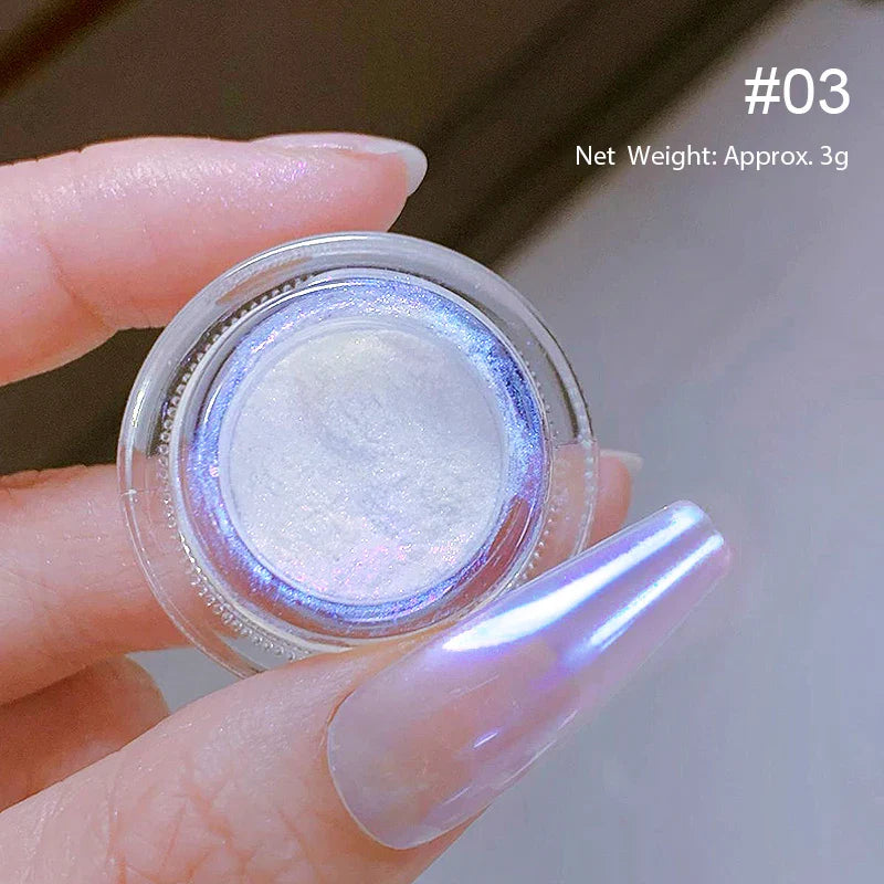 Rynx | Aurora Pearl White Nails Glitter Dust Chrome Gradient Rubbing on Powder Mirror Reflective Magnetic Pigment Nail Art Decorations