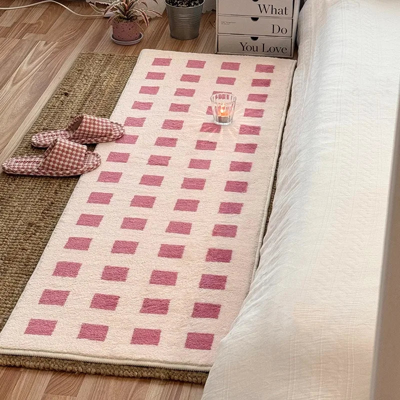 Rynx Bedroom Nightstand Carpet Checkered Floor Mat Girls Room Long Carpet Plush Soft Fluffy Mats Home Decor Carpet Bedroom
