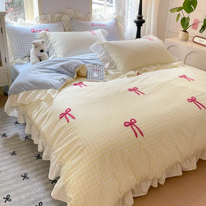 Lisslune | Prinzessinnen Bettwäsche Set Spitze Schleife Rosa Karomuster 4-teilig Bettdecke Bezug Blatt und Kissenbezug Soft Romantisch Für Mädchen