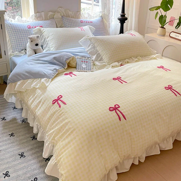 Lisslune | Prinzessinnen Bettwäsche Set Spitze Schleife Rosa Karomuster 4-teilig Bettdecke Bezug Blatt und Kissenbezug Soft Romantisch Für Mädchen