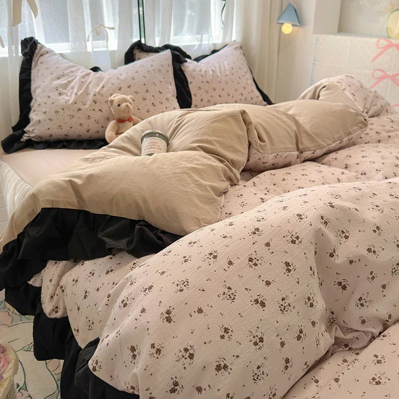 Rynx | Korean Style Flower Bedding Set 2024 New Washed Cotton 4-piece Bed Sheet Set Duvet Cover Set for Girls Bedding Decor Home