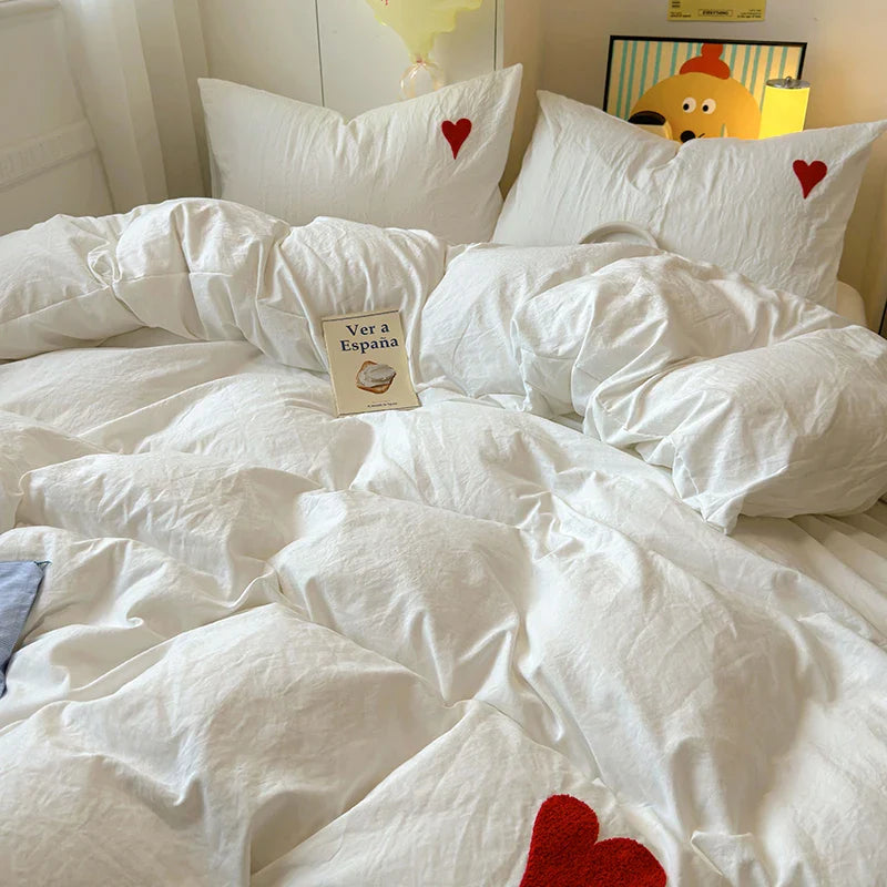 Rynx | Sweet Blue Heart Bedding Set in Nordic Embroidery Bed Sheet Set of Four Pieces for Home Luxurious Duvet Cover Set for Girls