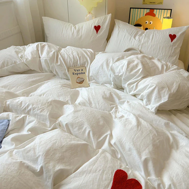 Rynx | Sweet Blue Heart Bedding Set in Nordic Embroidery Bed Sheet Set of Four Pieces for Home Luxurious Duvet Cover Set for Girls