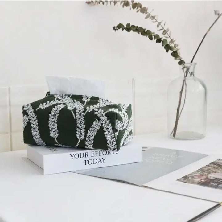 Rynx | Green Forest Plant Cotton Linen Fabric Embroidery Paper Box Napkin Paper Holder Tissue Box Bedroom Table Decoration Ornament Car Napkin
