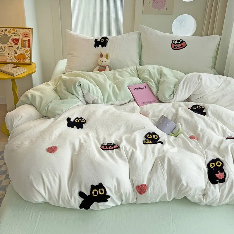 Rynx | Bedding set Super soft washed cotton towel embroidery duvet cover four-piece set - Lucky cat series