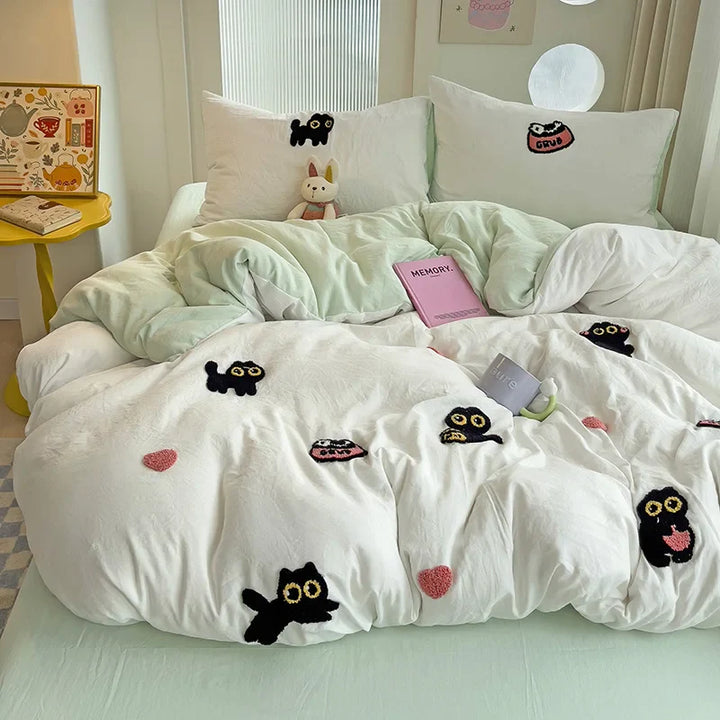 Rynx | Bedding set Super soft washed cotton towel embroidery duvet cover four-piece set - Lucky cat series
