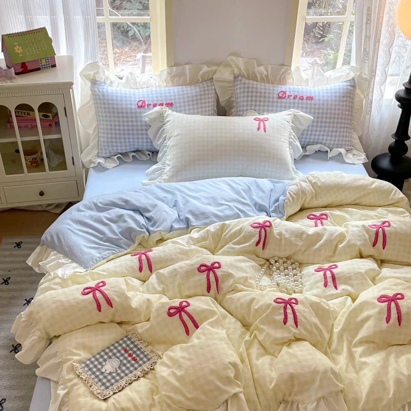 Lisslune | Prinzessinnen Bettwäsche Set Spitze Schleife Rosa Karomuster 4-teilig Bettdecke Bezug Blatt und Kissenbezug Soft Romantisch Für Mädchen