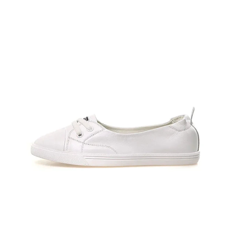 Lisslune | 100% Genuine Leather Shoes Women Flat Casual Shoes Soft Cowhide White Flats