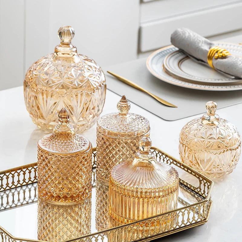 Lisslune | Amber Radiance Crystal Glass Storage Jar with Lid for Jewelry and Event Decor