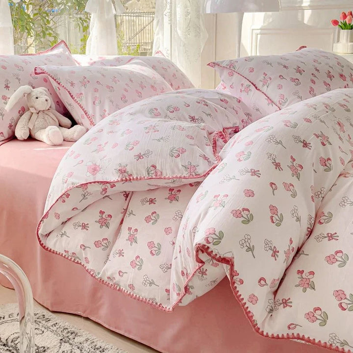 Rynx Pastoral Girls Flower Bedding Sets, Washed Cotton Bedding, Soft Comforter Bedding Set, Simple Bedspread, Home Textiles