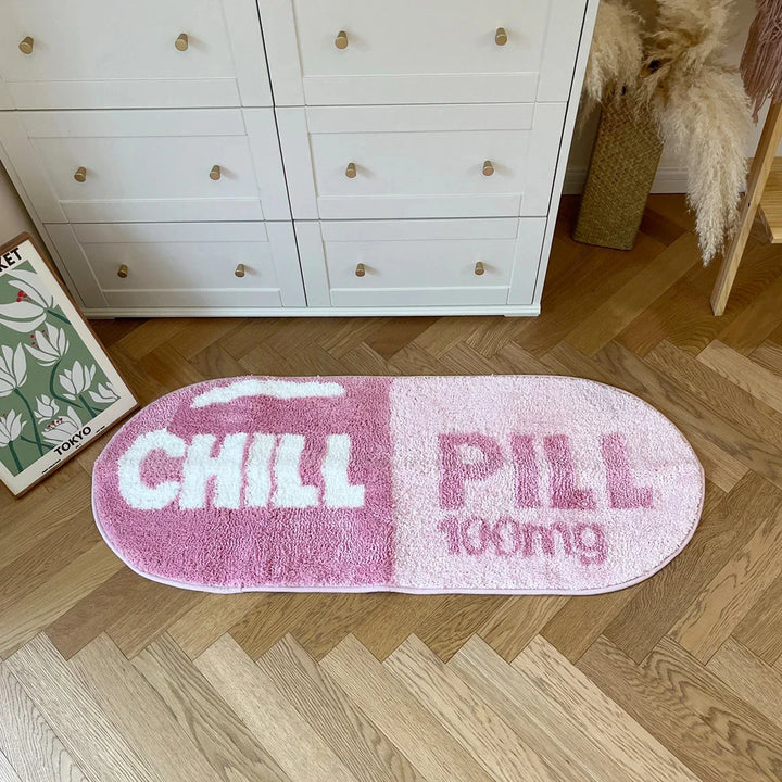 Rynx | Pink and Blue Chill Pill Flocking Rug Oval Tufted Rug Bath Mat Door Mat Home Decor Rug Camping Mat Waterproof Non-Slip