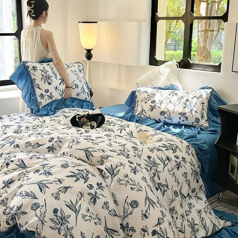 Rynx | French Retro Lightweight Luxury Washed Cotton Four-Piece Set Bedroom Lace Bedding Set Single Bedding Set Dorm Bedding