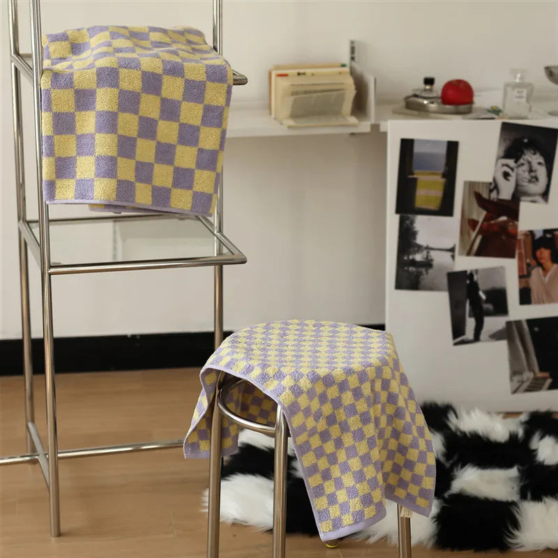 Rynx | Retro Chessboard Plaid Towels combed cotton yarn Jacquard face towel absorbent soft bath towel for home & hotel supplies