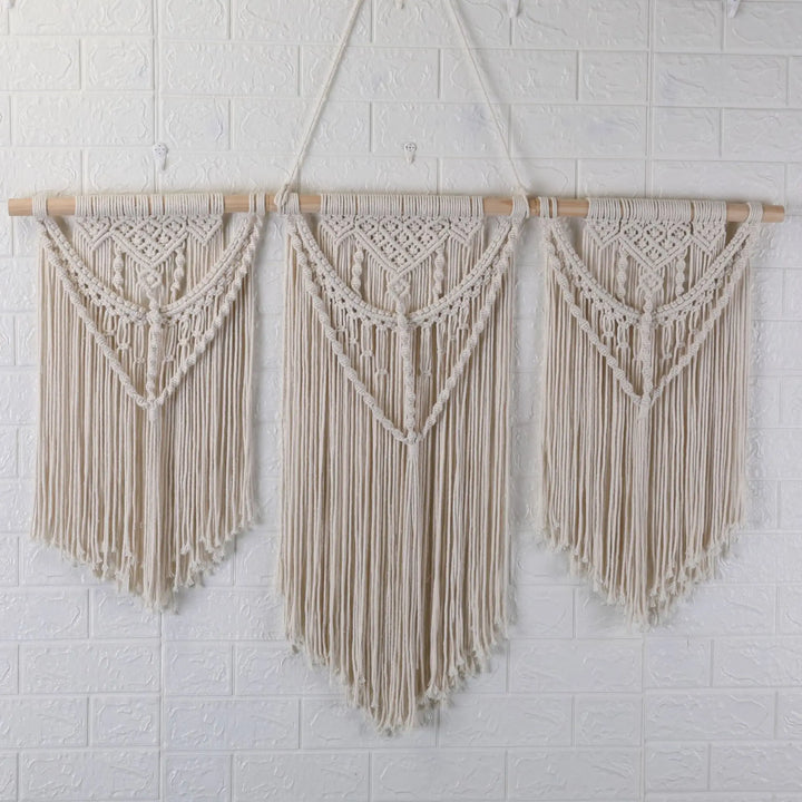 Rynx | Large Macrame Wall Tapestry Handcrafted Cotton Rope Tassel Pendant Wall Hanging Rug with Wooden Stick Handwoven Bohemia Tassel