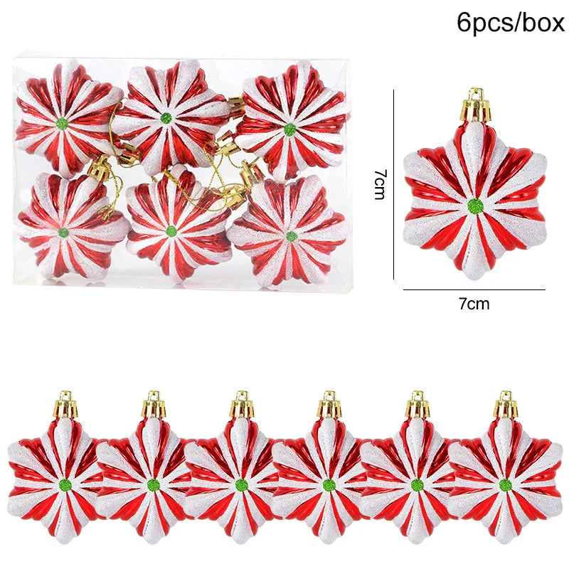 Rynx 6pcs/box Christmas Tree Pendant Red Star Candy Snowflake Xmas Ball Ornament New Year 2025 Home Decoration Noel Gift Navidad