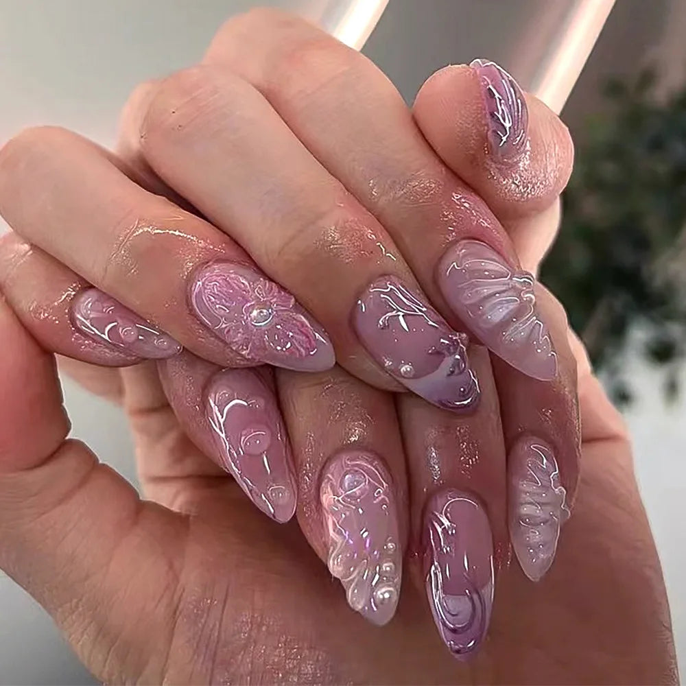 Rynx | 3D Water Wave Brown French Almond Shape Artificial Nails Fashion Easy Removable Finished Stick-On Fingernails with Glue