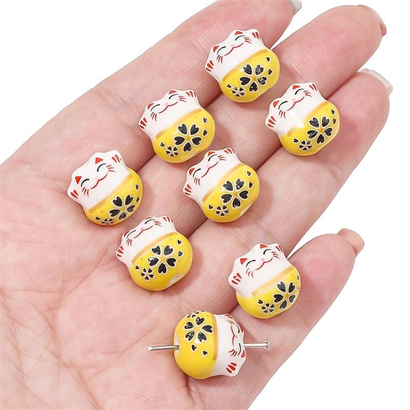 Lisslune | Set of 2 Artisan 14mm Ceramic Lucky Cat Charms for Creative Jewelry Designs