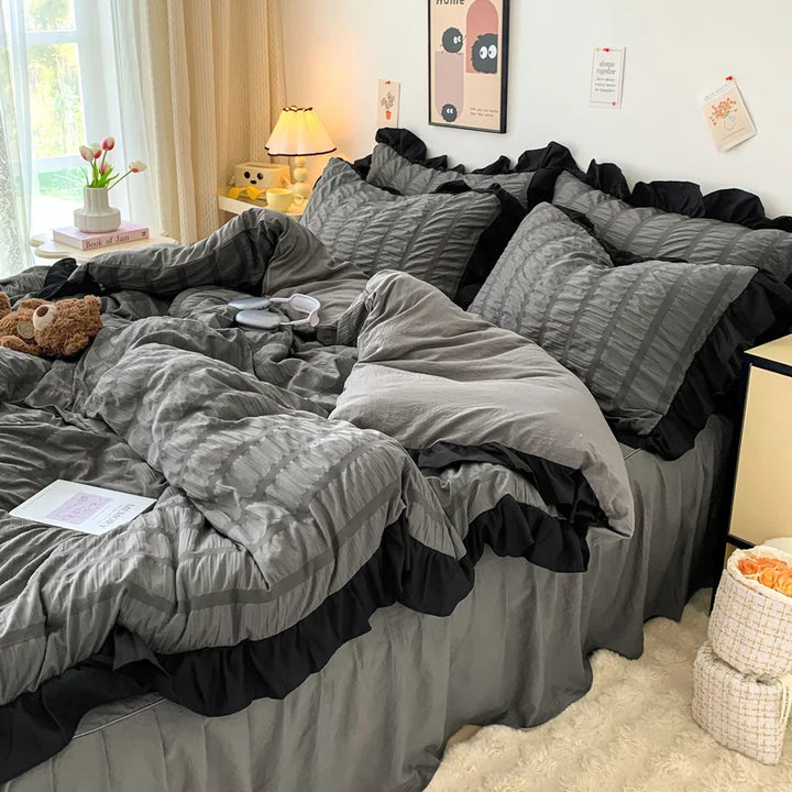 Rynx | Bubble Yarn Seersucker French Style Princess Lace Bedding Set Duvet Cover Set Bed Skirt Queen For Girls Decor Home