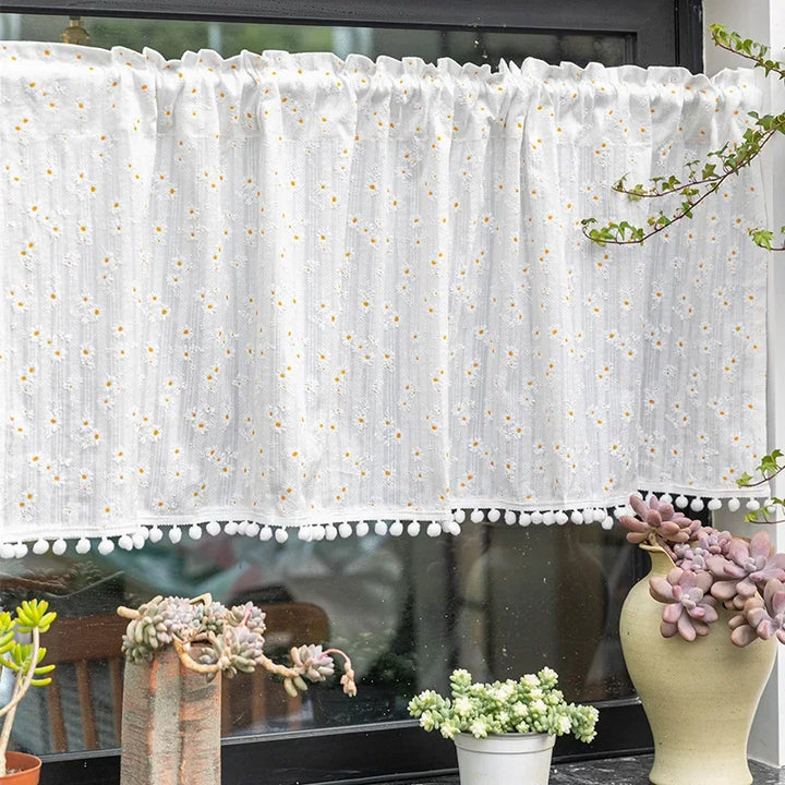 Rynx | Korean Cotton Daisy Curtains Road Pocket Shade Curtain Floral Tassels for Kitchen Bedroom Living Room Windowsill Wardrobe Curtain