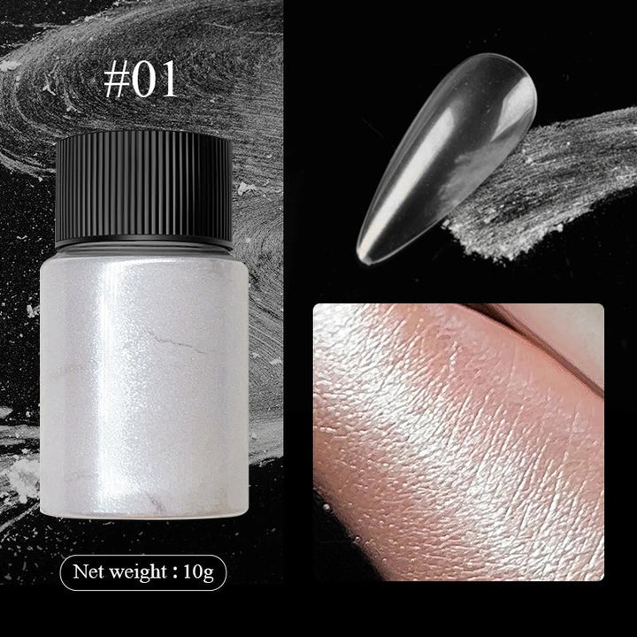 Rynx | Aurora Pearl White Nails Glitter Dust Chrome Gradient Rubbing on Powder Mirror Reflective Magnetic Pigment Nail Art Decorations