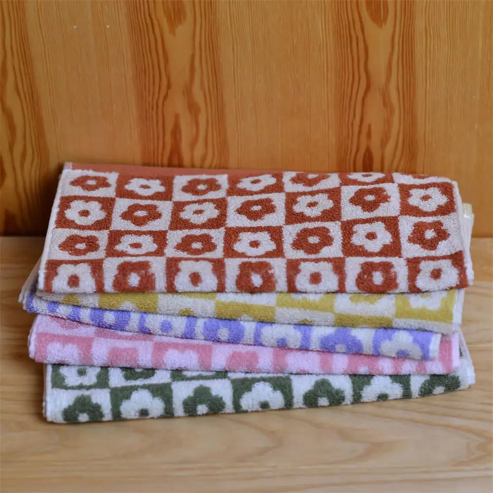 Rynx | Checkered Flower Cotton Towel Soft Skin-Friendly Face Towel Absorbent Bathroom Face Household Adult Children Towels
