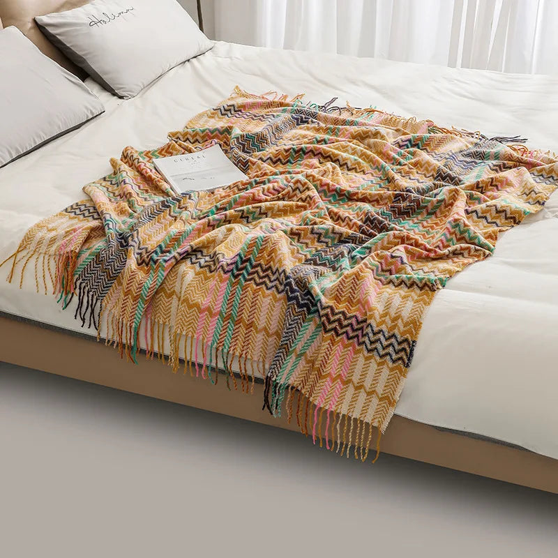 Rynx | Textile City Woven Throw Blanket in Ethnic Style Wave Fringe Casual Scarf Throw Blanket Room Decoration Acrylic Scarf 127x172cm