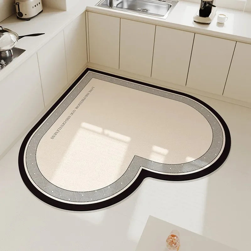 Rynx | Beige Cream Style Heart Pattern Kitchen Mat Irregular Water Absorbent Decorative Mat Easy to Clean Cuttable PVC Carpet