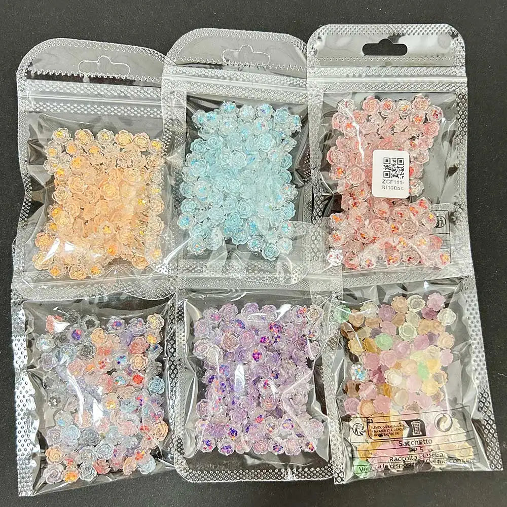 Rynx | 100 pcs. Light purple glitter camellia rose nail art charms 7.5/6mm flat back resin nail decoration sweet flowers nail supplies