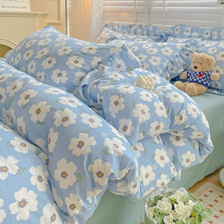 Rynx | Pastoral Girl Bedding Sets Soft Washed Cotton Bedding Princess Comforter Sheets Simple White Flower Bedspread Home Textiles