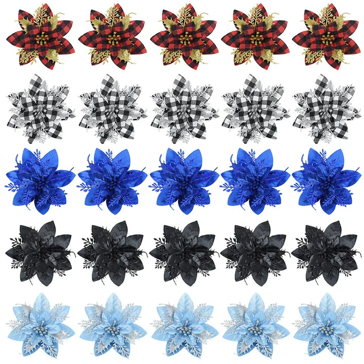 Rynx 5.7 inch artificial blue and black Christmas glitter flowers with clips 5/10 pieces Xmas tree flower ornaments Noel New Year decoration