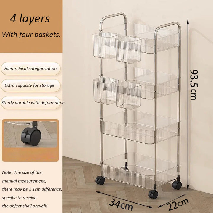 Rynx | Light Luxury Storage Trolley 2/3/4 Layers Transparent Acrylic Rolling Cart With Removable Hanging Goods Snacks Book Shelf