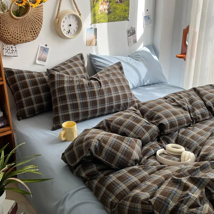 Rynx | Bedding Set Ins Ambiance Blue Coffee Grid Mixed With Washed Cotton Minimalist Four-Piece Set Fitted Sheet Duvet Cover