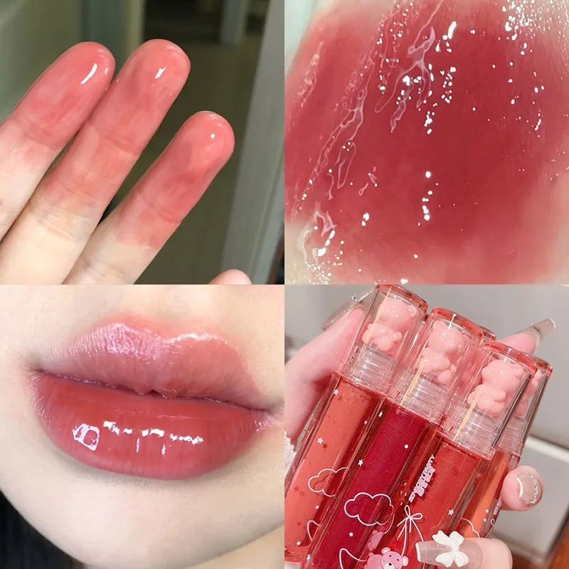 Rynx | Liquid Lipstick Crystal Glossy Lip Lacquer Mirror Cute Bear Lip Balm Waterproof Transparent Nude Lips Girl Makeup Korean Makeup