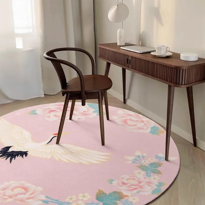 Rynx | Retro Round Living Room Rugs Pink Ethnic Style Bedroom Rug Crane Flower Girl's Room Rug Luxury Easy-Care Rugs