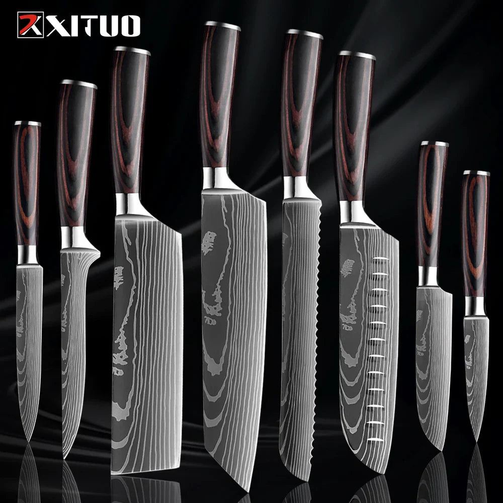 Skorter | XITUO Kitchen Knife Set - 1-9PCS 7Cr17Mov Stainless Steel Chef, Santoku & Fruit Knives with Ergonomic Pakkawood Handle
