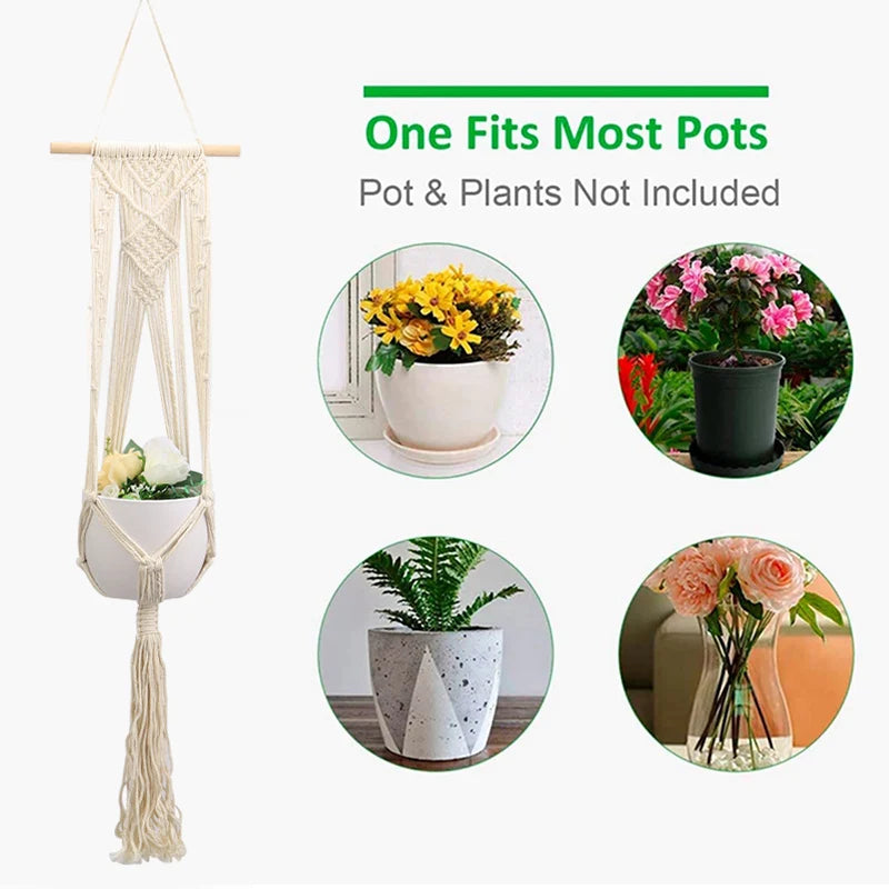 Rynx Macrame Handmade Plant Hanger Baskets Flower Pots Holders Balcony Hanging Decoration Knotted Lifting Rope Garden Supplies