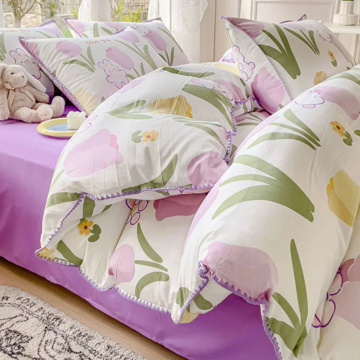 Rynx Pastoral Girls Flower Bedding Sets, Washed Cotton Bedding, Soft Comforter Bedding Set, Simple Bedspread, Home Textiles