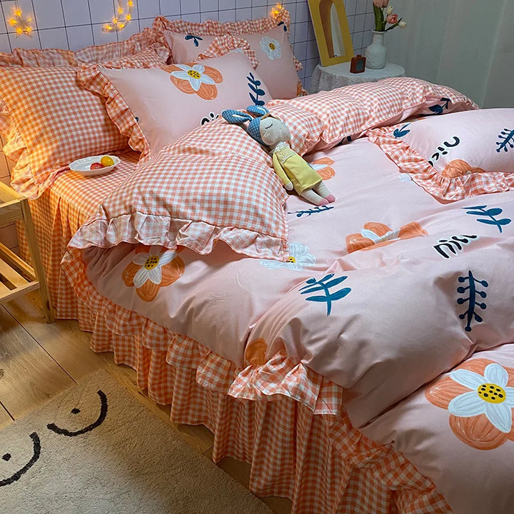 Lisslune | Korean-Vierteil-Set Herbst Winter Bettwäsche Prinzessinnenstil Spitzenbettbezug Blatt Frühling und Sommer Bett