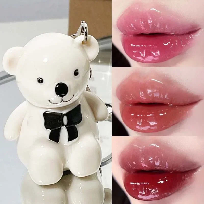 Rynx | Cute White Bear Keychain Glass Mirror Lipstick 6 Colors Sexy Jelly Red Liquid Lipsticks Waterproof Long-lasting Lip Lacquer Cosmetics