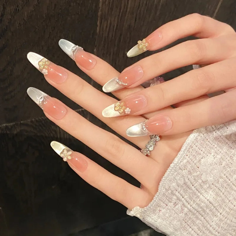 Rynx | 10 Piece Long Oval Handmade Press-On Nails Rainbow Cat Eye Effect with 3D Flower Designs Perfect for Women and Girls Daily Nail Use
