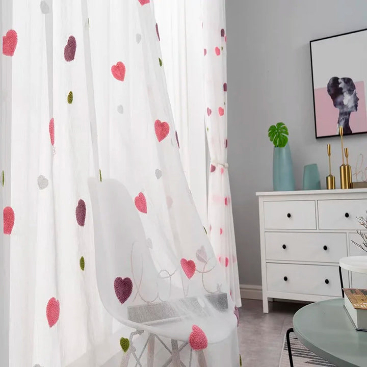 Rynx | Lovely Cartoon 3D Pink Heart Embroidery Tulle For Girls Bedroom Sweet Loving Transparent Curtains For Kids Living Room Custom Made Curtains