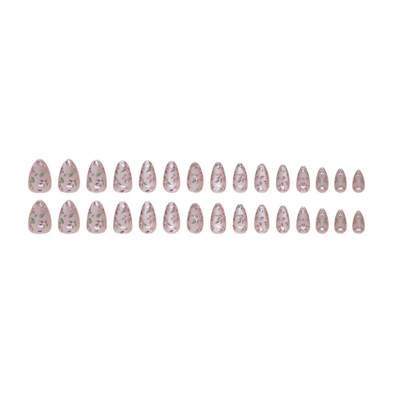 Rynx | 24 Pieces Purple Cat Eye Press-on Almond Nails with Delicate Floral Patterns Romantic False Fingernails for Women & Girls Elegance Wear