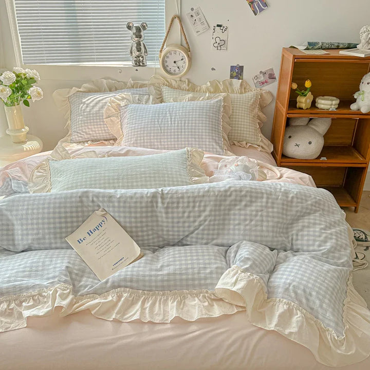 Rynx | Korean Princess Style Bedding Set Soft Skin-friendly Grid Lace Ruffles Duvet Cover Checkered Style Duvet Covers Set Pillow Covers