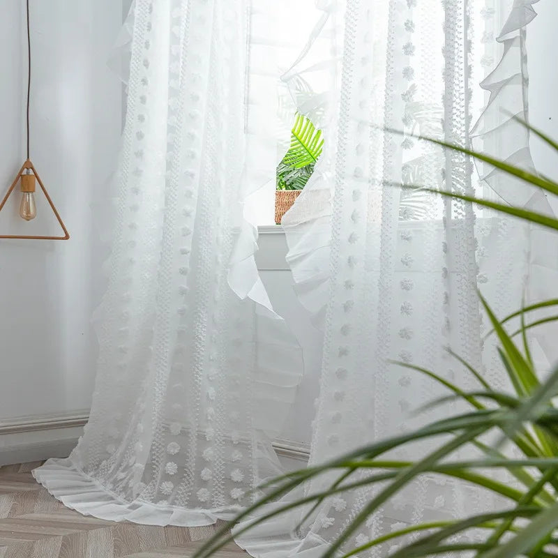 Rynx | 3D White Pompon Embroidery Tulle Modern Striped Sheer Curtains for the Living Room Ruffle Design Sheer Voile Window Draperies