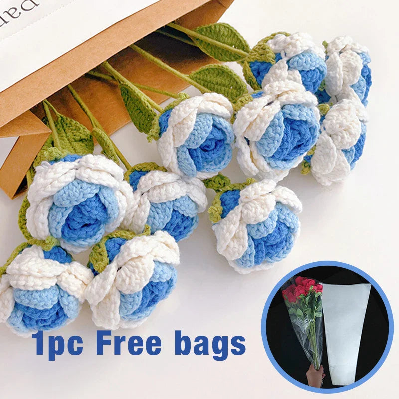 Rynx | 1PC knitted flower rose tulips daisies artificial flower bouquets wedding party decoration hand knitted crochet woven bouquet