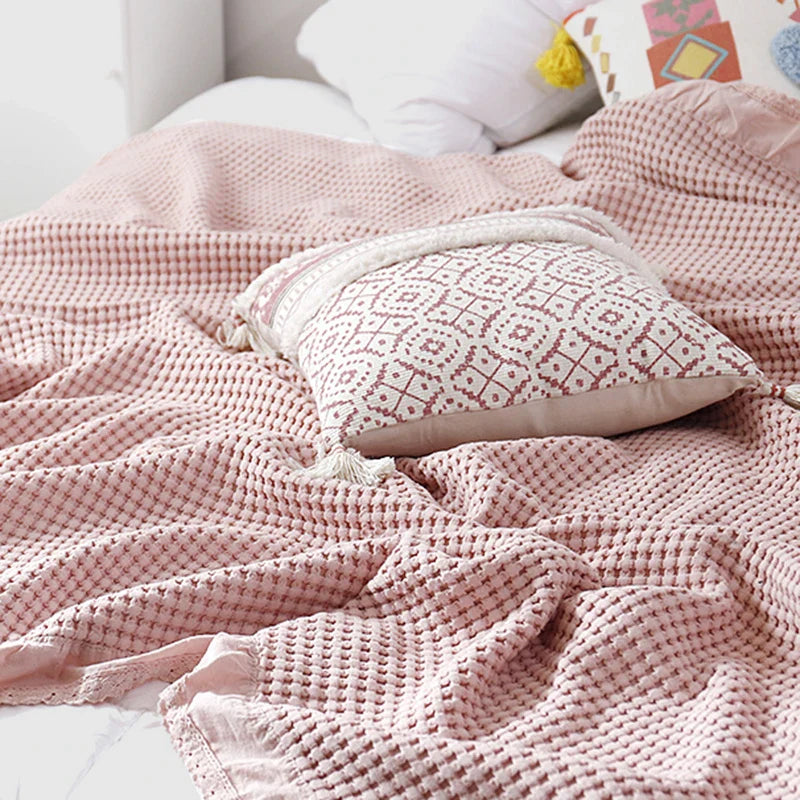 Rynx | 100% Cotton Soft Bed Plaid Home Japanese Knitted Blanket Corn Grain Waffle Texture Summer Ruffles Warm Plaid Throw Blanket
